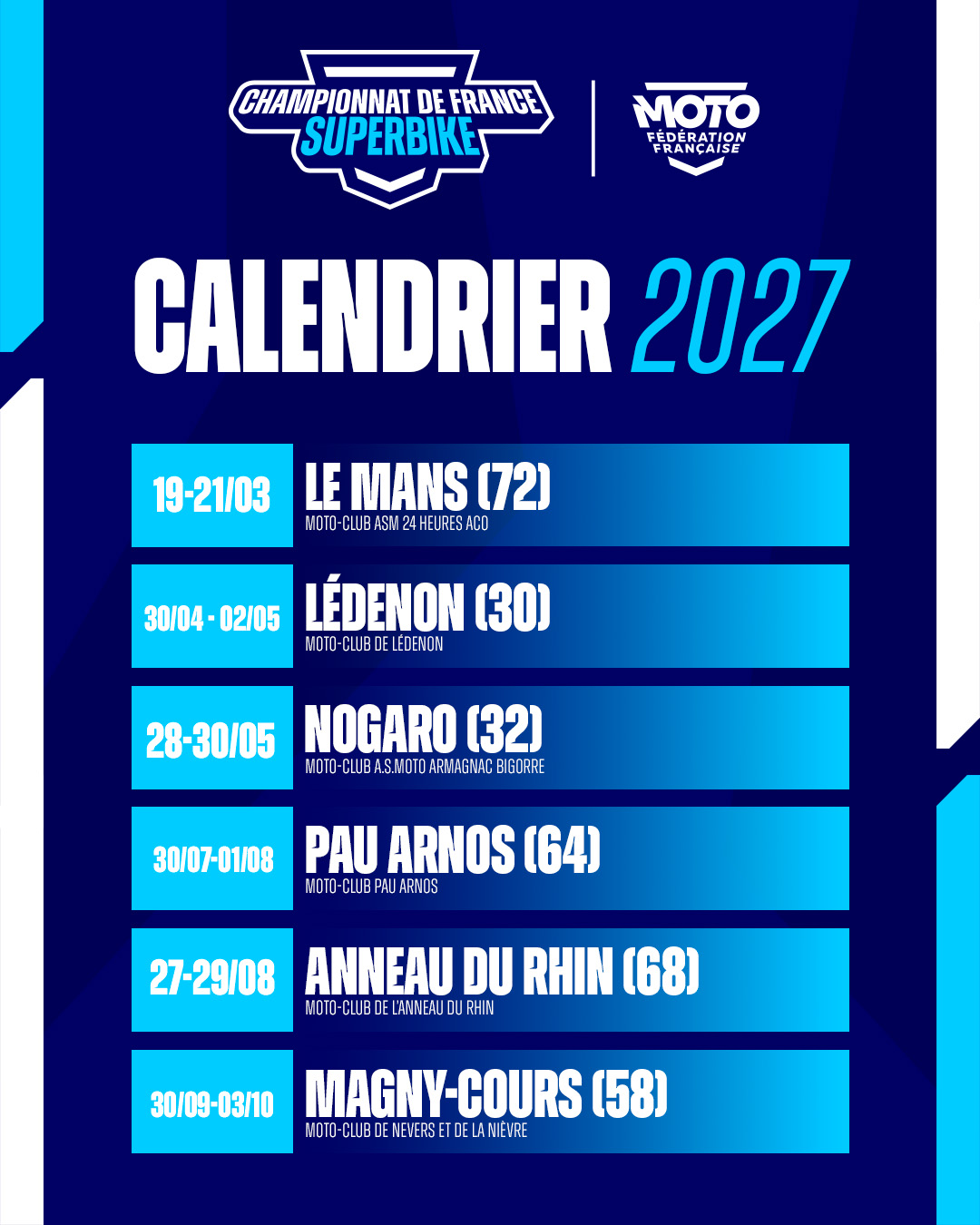 SIX ÉPREUVES AU CALENDRIER DU FSBK EN 2027 !
